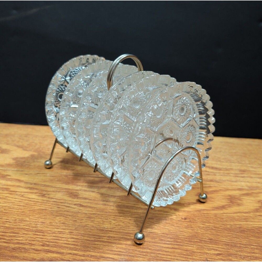 Vintage Made in Italy Pressed Glass Drink Coasters Set of 6 w/ Wire Rack Holder